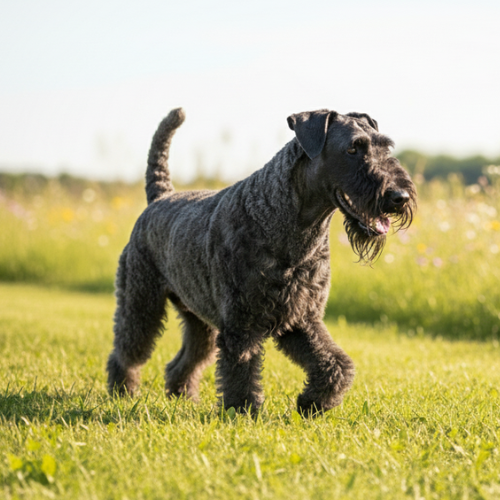 Dog standing on a grassy field with a blurred background