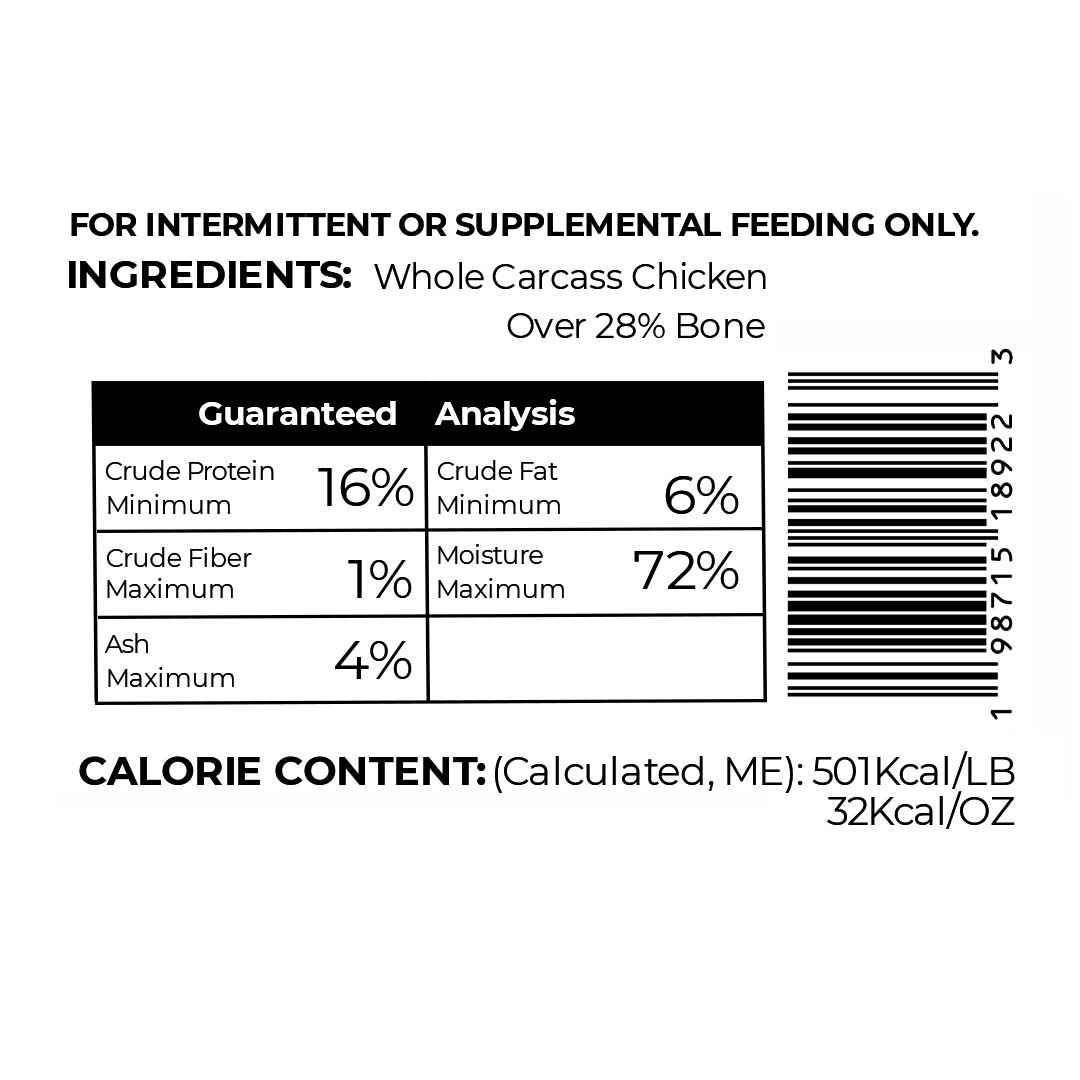 plain white background with ingredients, guaranteed analysis, calorie content, and bar code