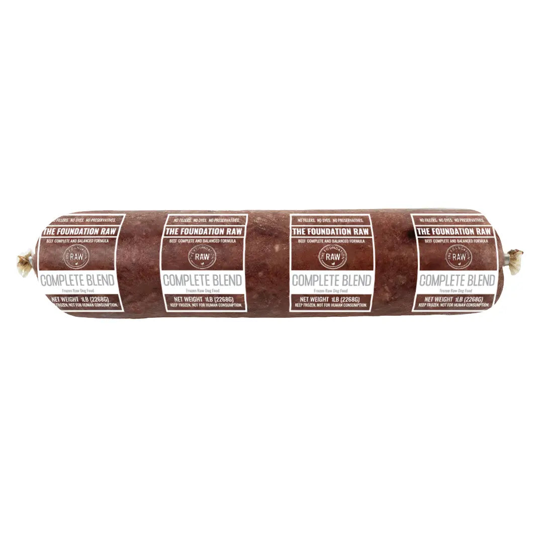 complete blend raw dog food, Raw meat product with 'The Foundation Raw' labels on a white background