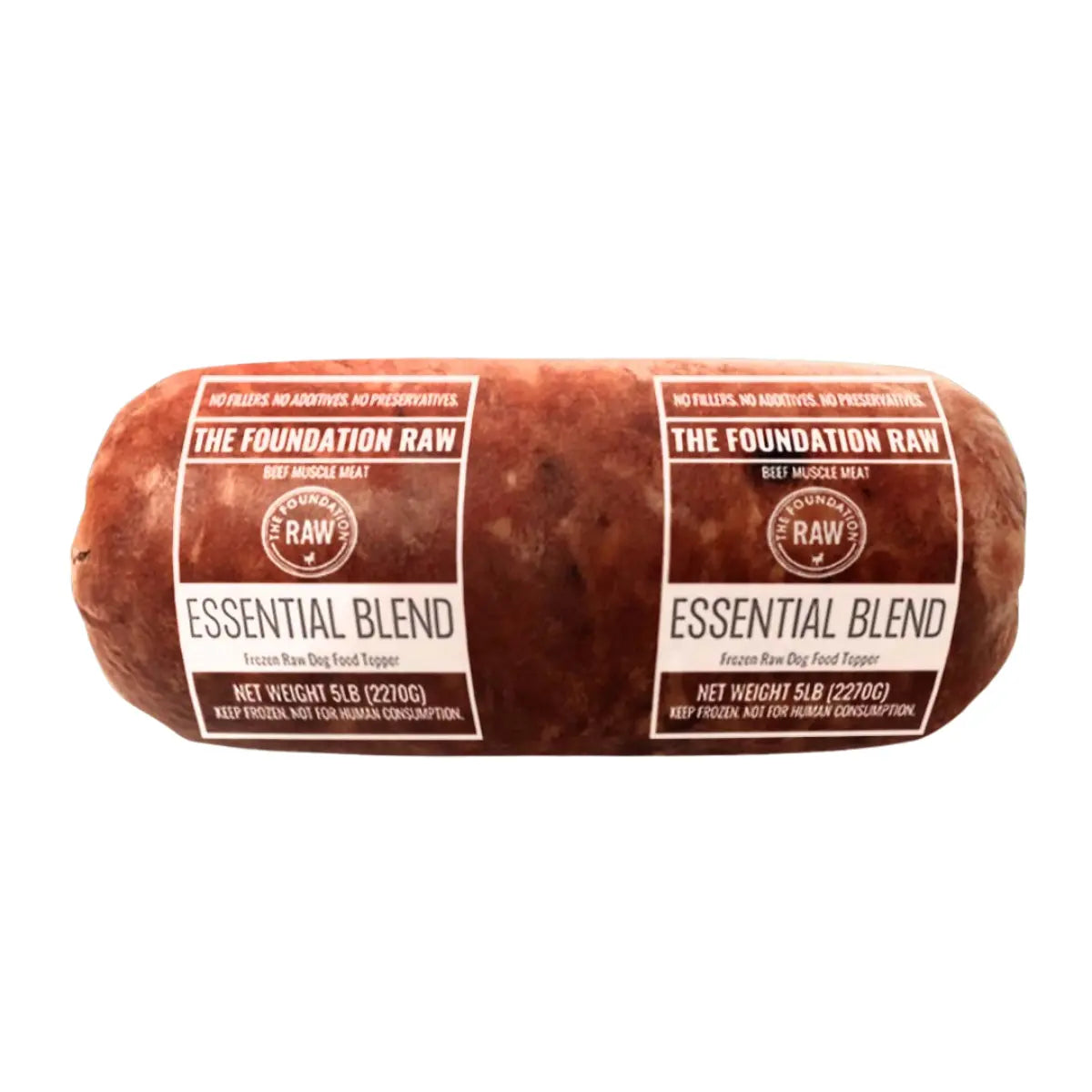 Rolled meat dog food with transparent plastic packaging labeled "The Foundation Raw, Essential Blend"
