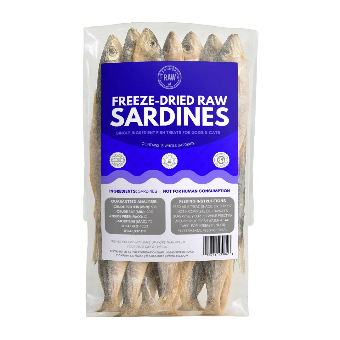 Package of freeze-dried raw sardines with a blue label on a white background