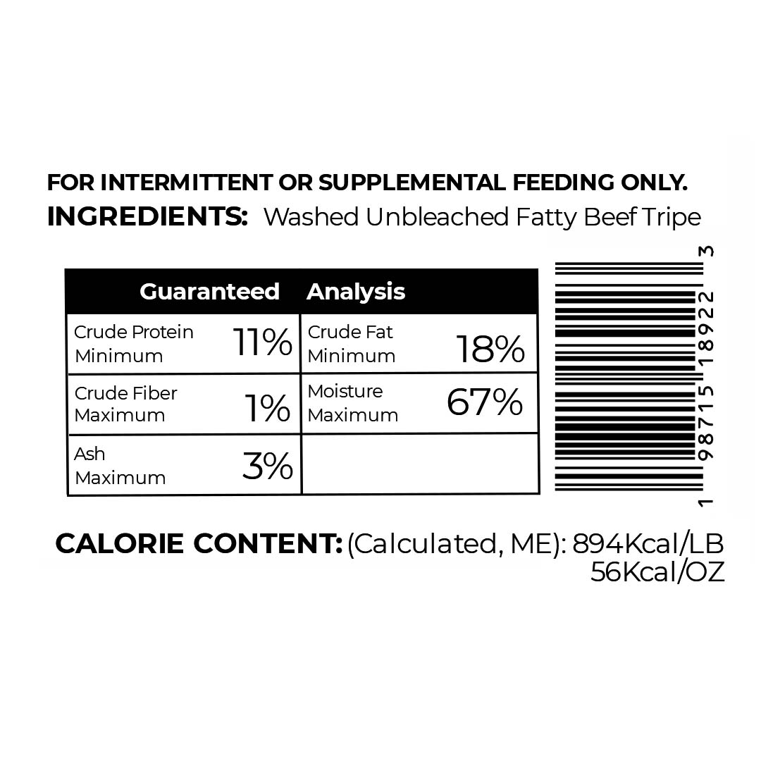 plain white background with ingredients, guaranteed analysis, calorie content, bar code for green tripe frozen raw dog food