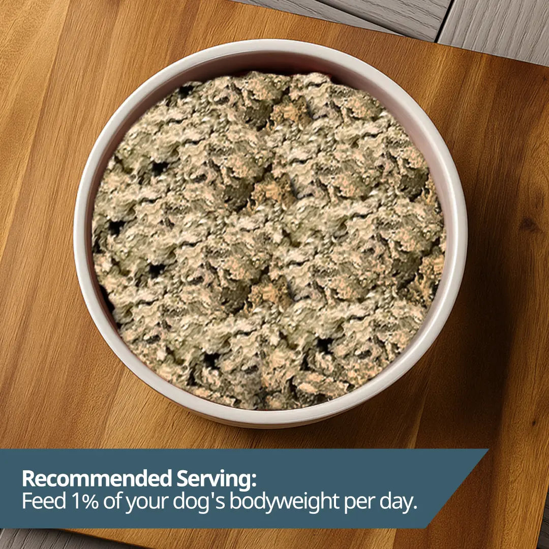 Bowl of dog food on a wooden table with text about recommended serving size.