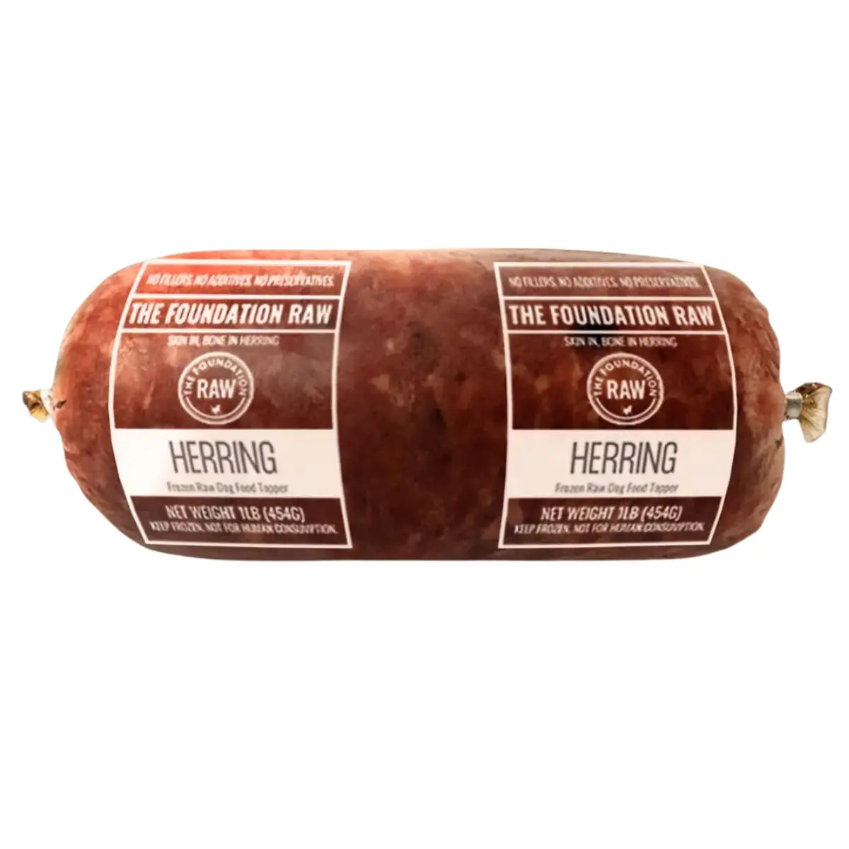 Rolled meat dog food with transparent plastic packaging labeled "The Foundation Raw, herring"