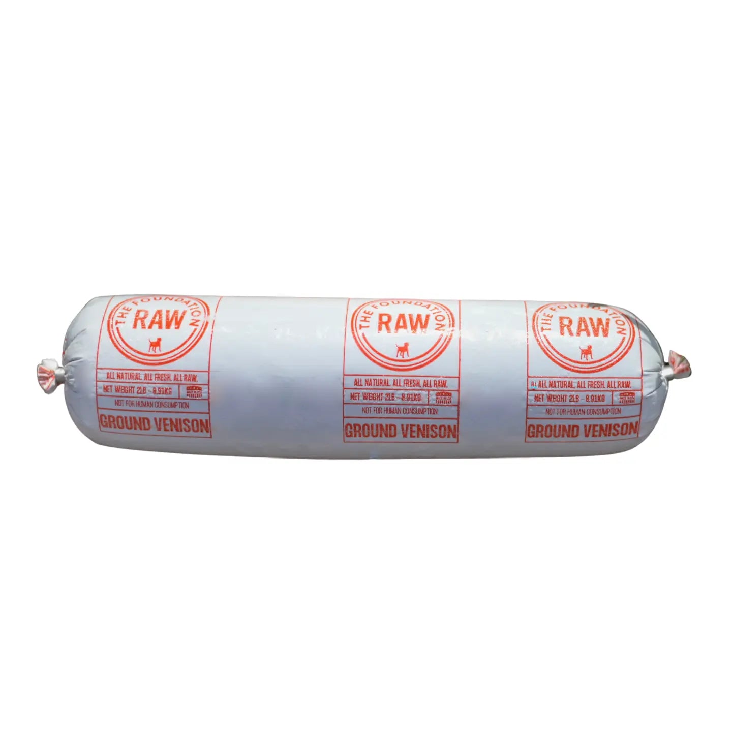 Rolled meat dog food with transparent plastic packaging labeled "The Foundation Raw, Ground Venison"