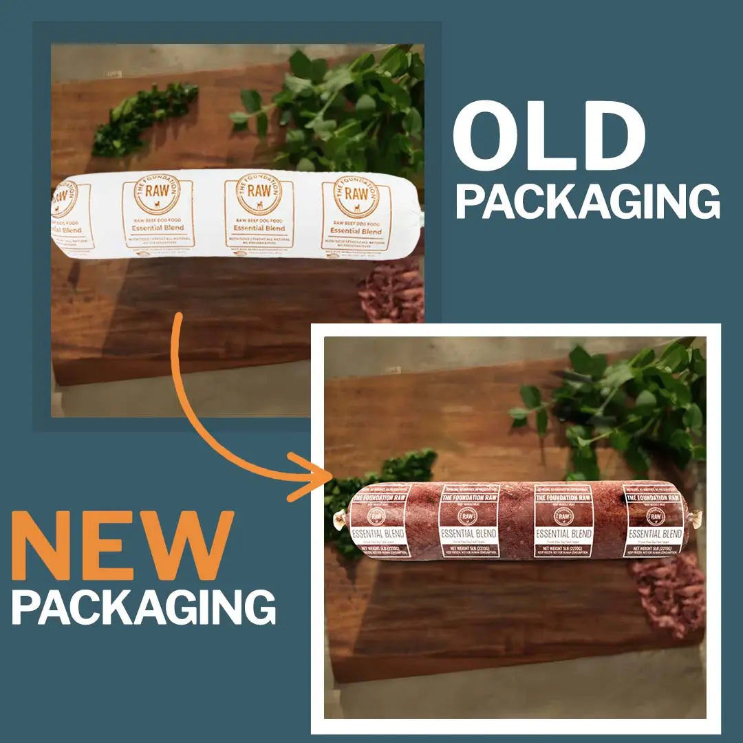 Comparison of old and new packaging for a product on a wooden surface with greenery.