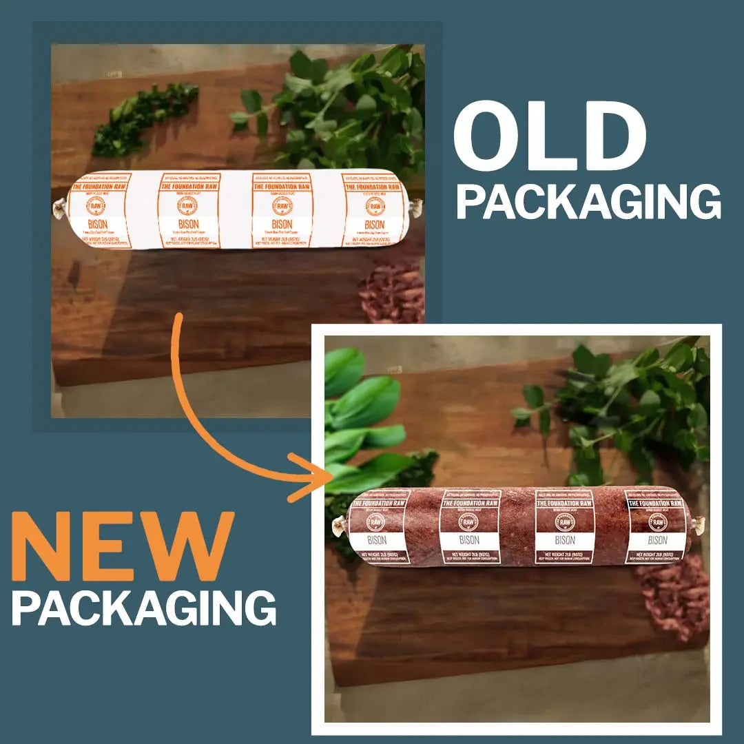 Comparison of old and new packaging of ground bison on a wooden surface with leaves.
