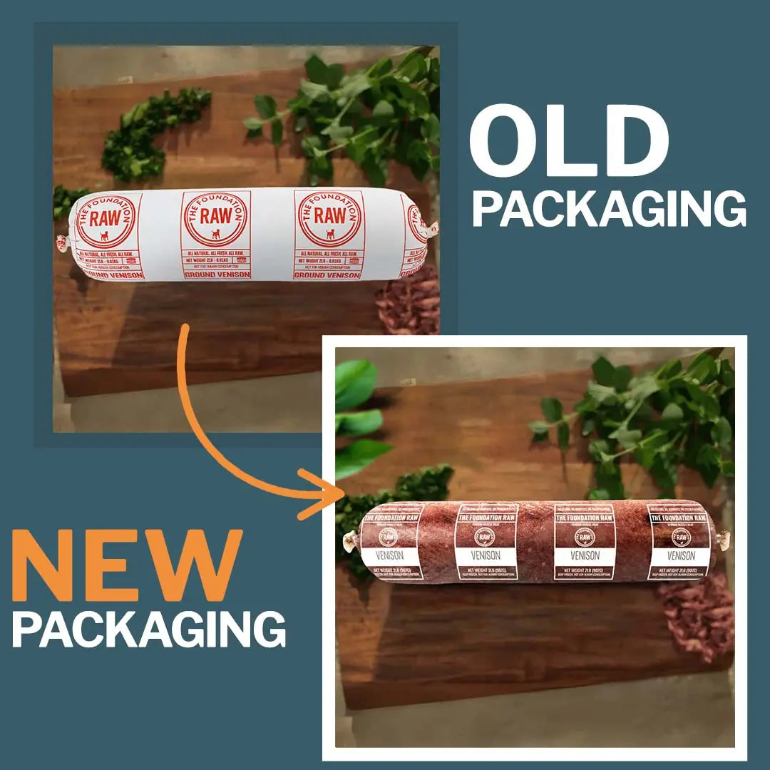 Comparison of old and new packaging for a raw meat product on a wooden surface with greenery.
