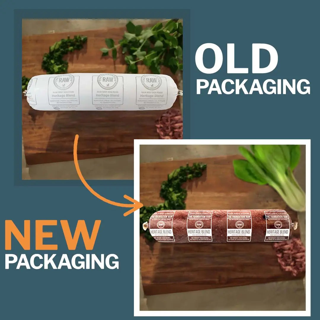 Comparison of old and new packaging for a heritage blend on a wooden surface with text labels.