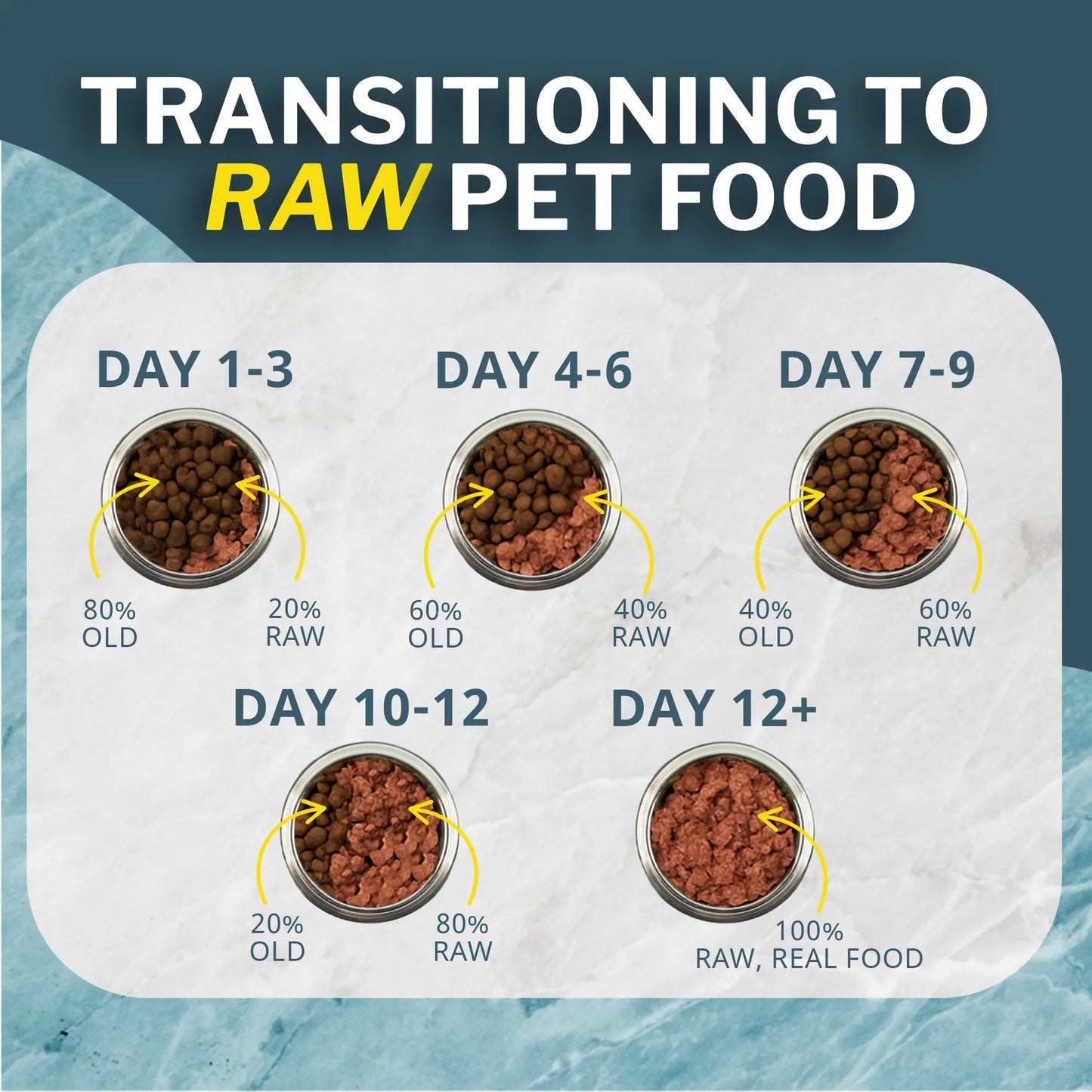 Diagram showing the transition to raw pet food with labeled percentages of old and raw food.