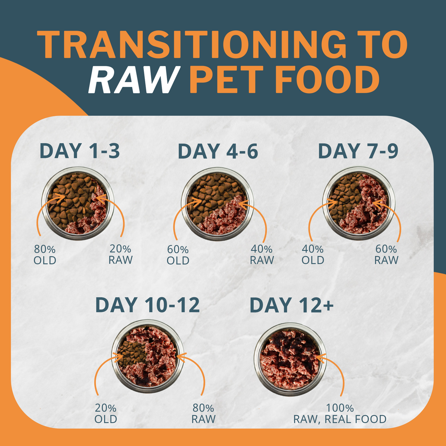 Chart showing the transition to raw pet food with different percentages of old and raw food over days.