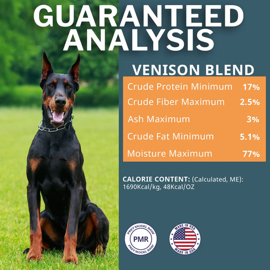 Dog sitting on grass with a product label detailing venison blend analysis.