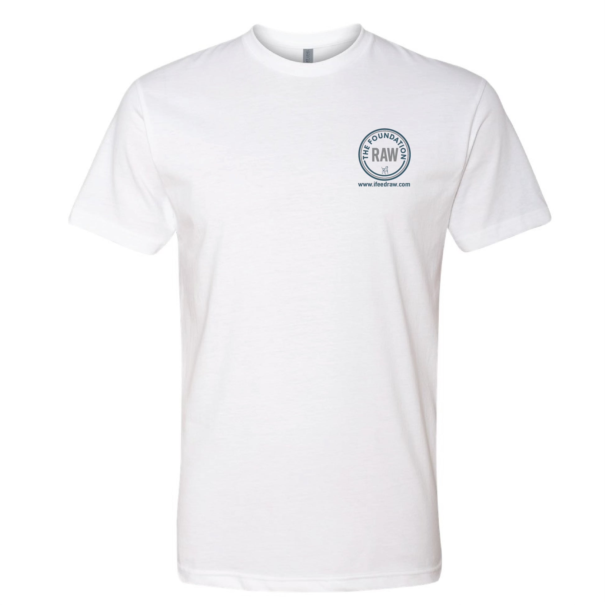 white t-shirt with blue text logo 
