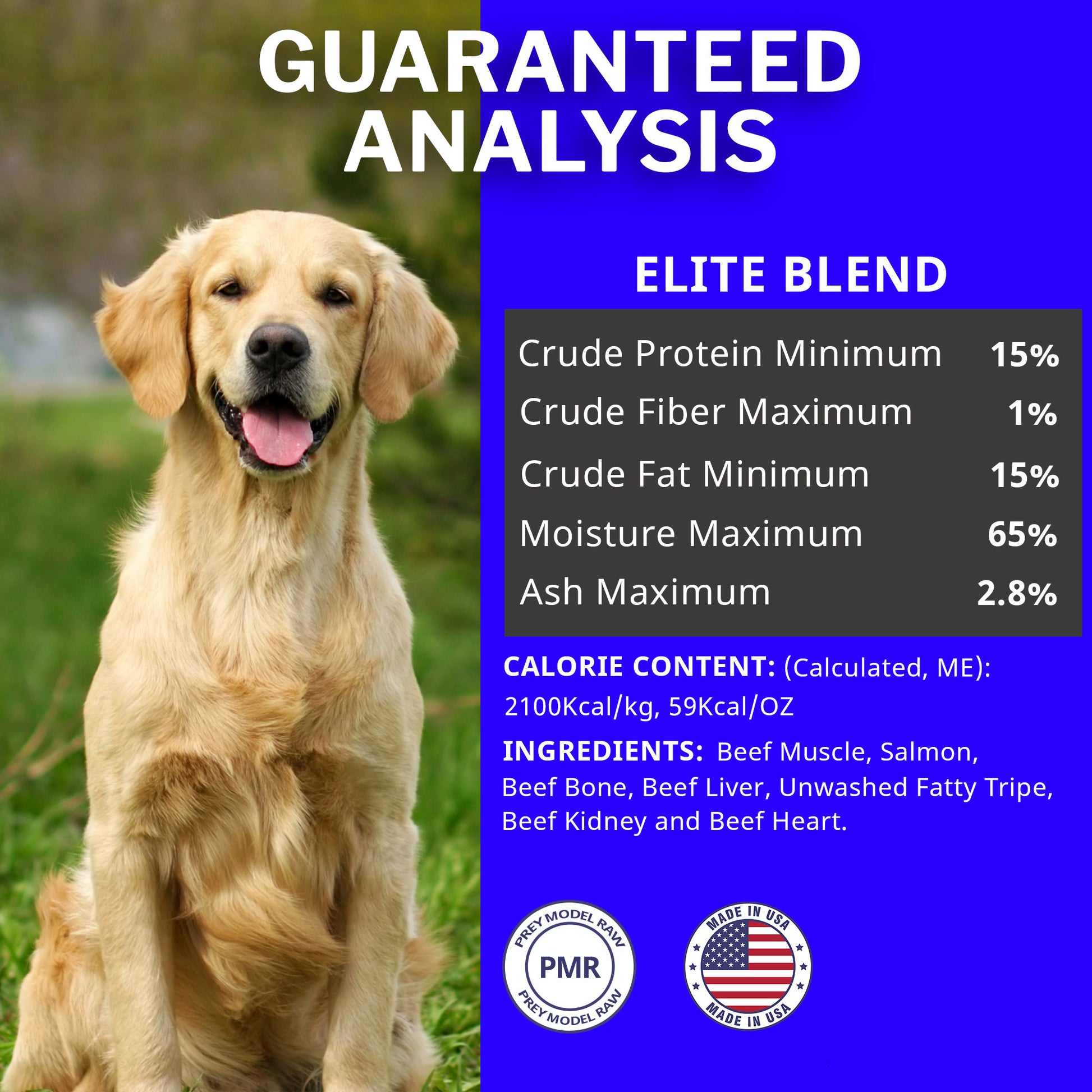 A golden retriever dog sits on grass against a blue and white graphic background with the headline 'GUARANTEED ANALYSIS' and product details for 'ELITE BLEND' including nutrient percentages and ingredients.