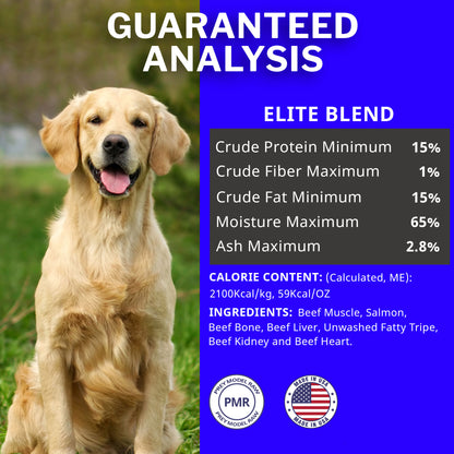 A golden retriever dog sits on grass against a blue and white graphic background with the headline 'GUARANTEED ANALYSIS' and product details for 'ELITE BLEND' including nutrient percentages and ingredients.