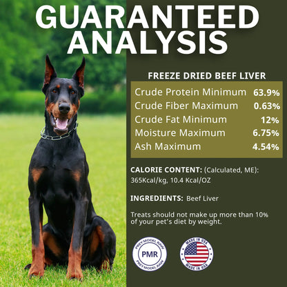 Guaranteed analysis of fd beef liver with dog sitting on the ground