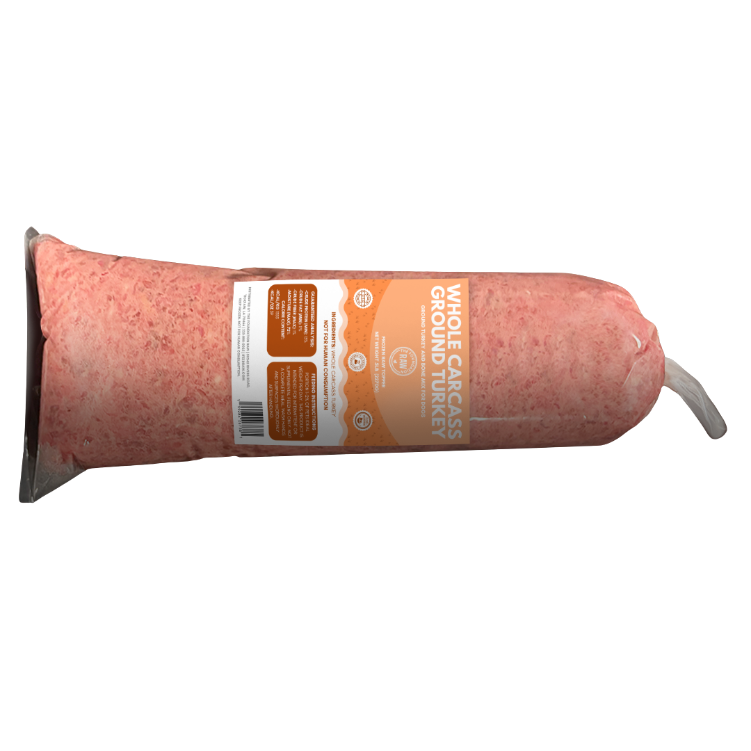 Package of ground whole carcass turkey with a label on a white background