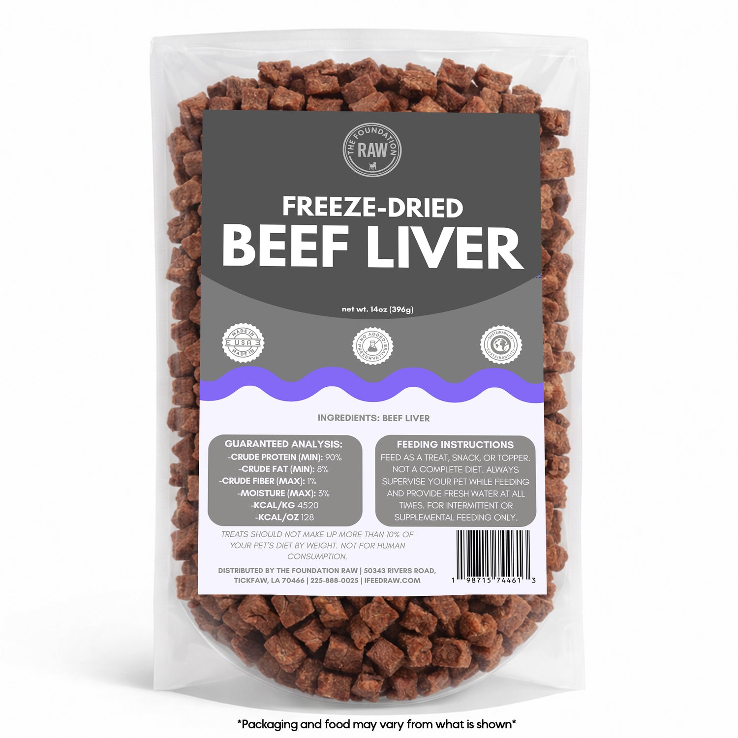 Package of freeze-dried beef liver with a gray label on a white background