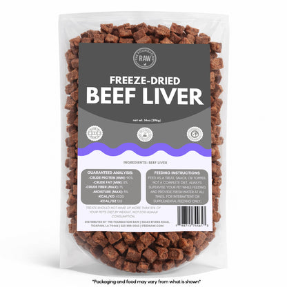 Package of freeze-dried beef liver with a gray label on a white background