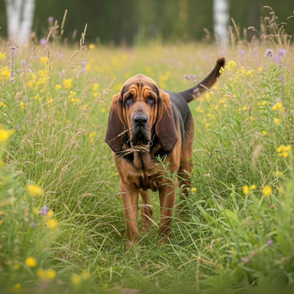 Dog standing in a field of tall grass and wildflowers