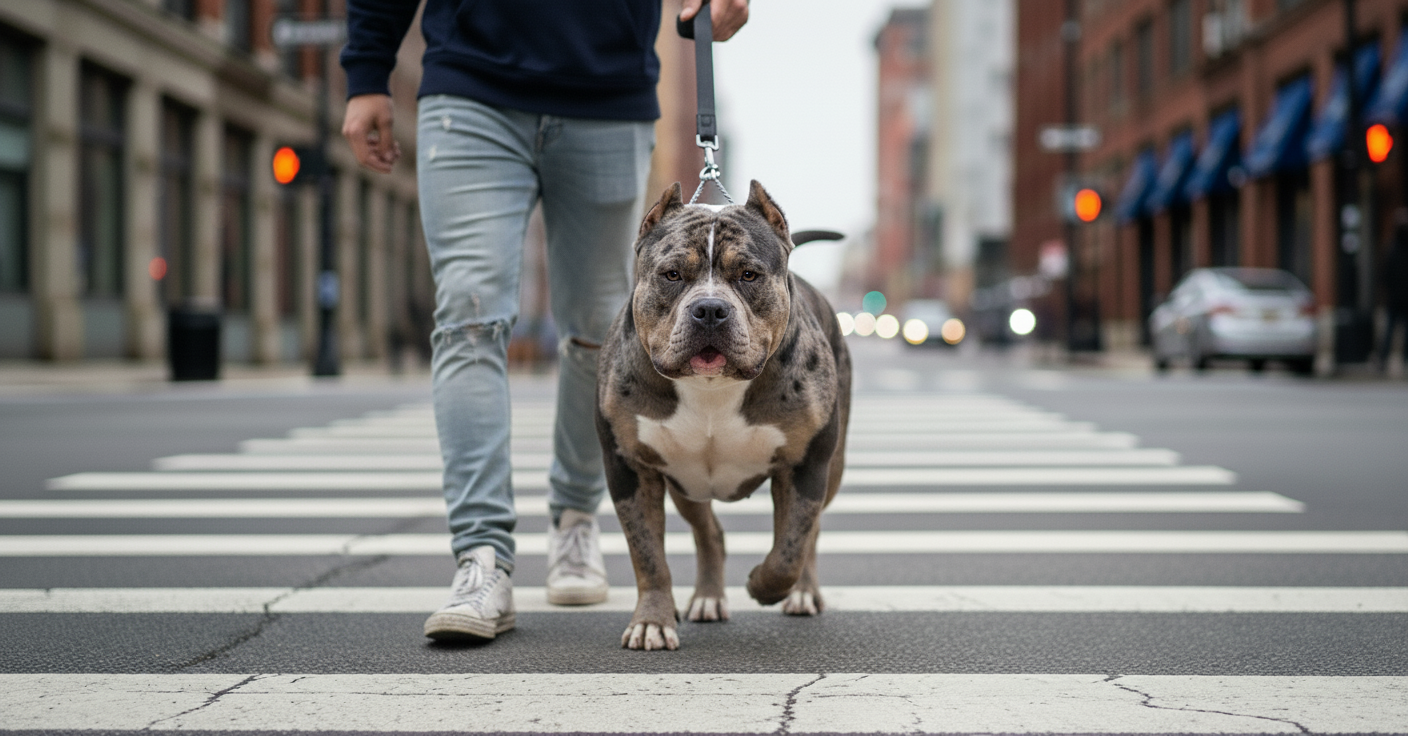 Person walking a large dog on a leash across a city crosswalk.