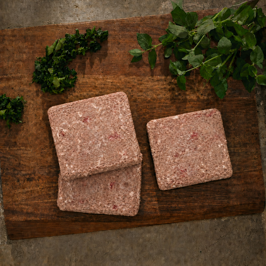Three square-shaped pet treats on a wooden board with green leaves.