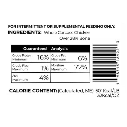 plain white background with ingredients, guaranteed analysis, calorie content, and bar code