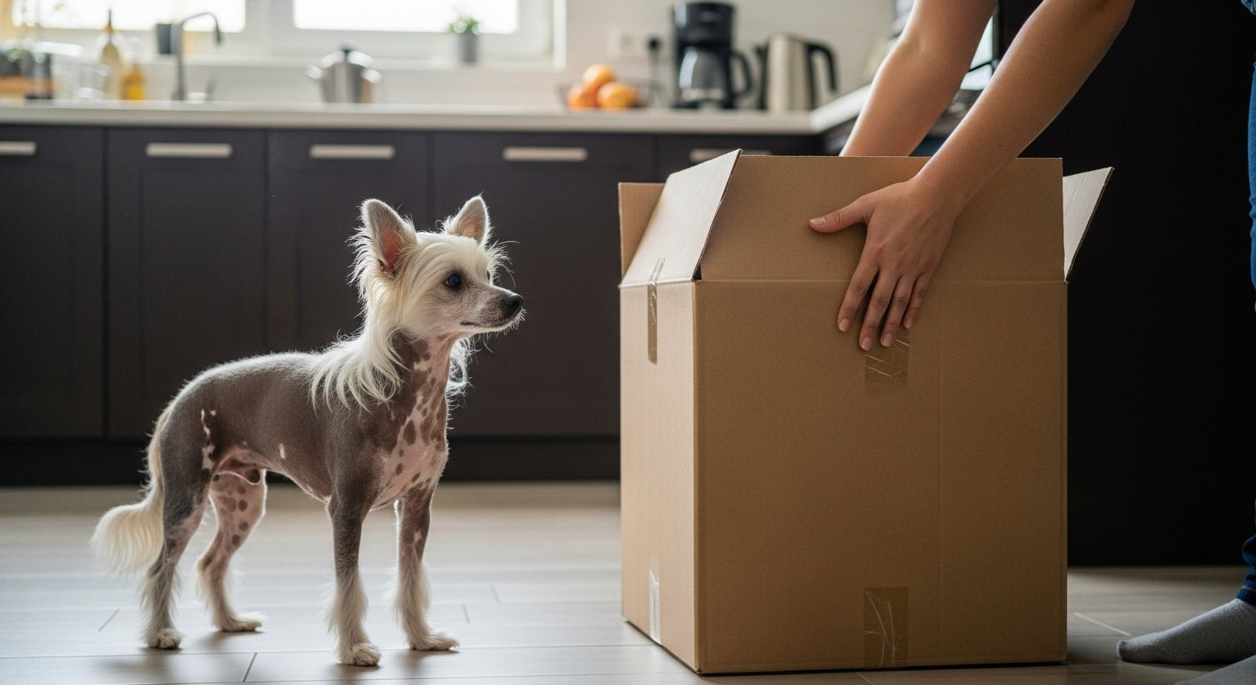 Dog standing next to a cardboard box in a kitchen