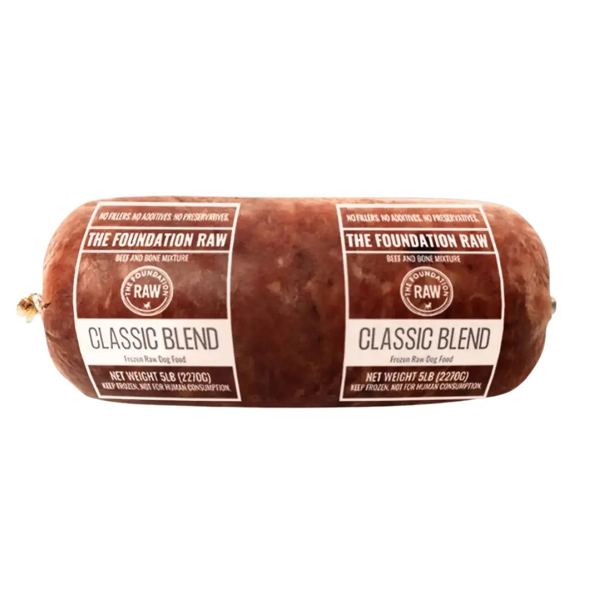 Rolled meat dog food with transparent plastic packaging labeled "The Foundation Raw, Classic Blend" 