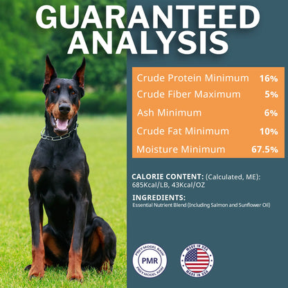 Dog sitting on grass with guaranteed analysis chart on a blue background