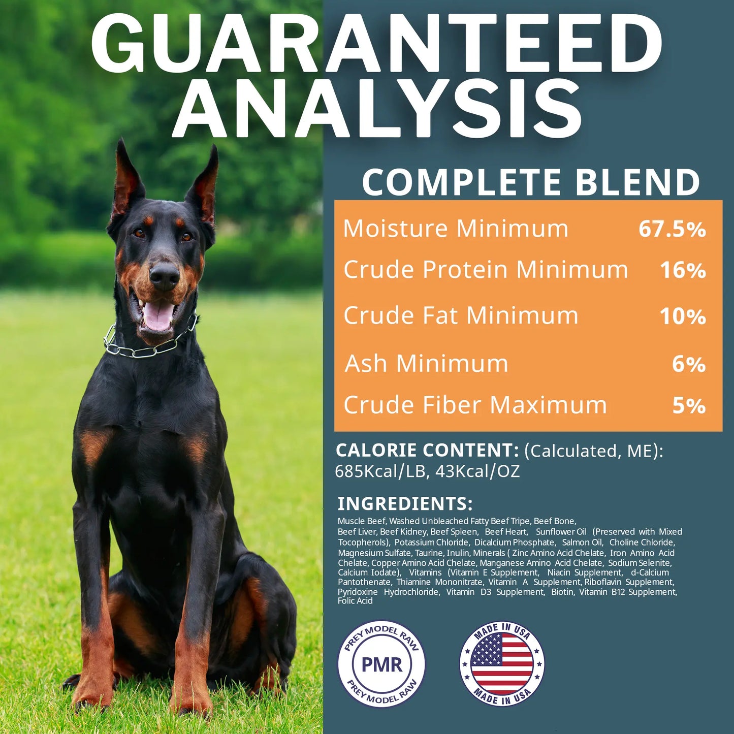 Dog sitting on grass with a guaranteed analysis label for a pet food product.