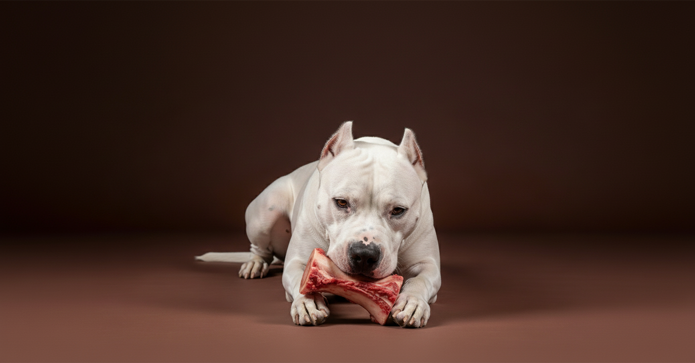 White dog holding a rawhide bone on a brown background