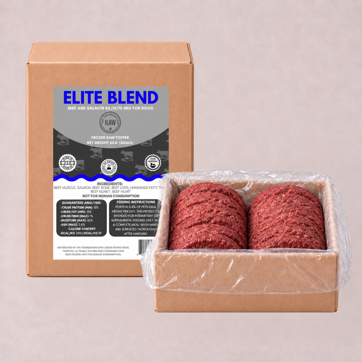 A cardboard box labeled 'ELITE BLEND' stands behind an open box containing two raw beef patty stacks wrapped in clear plastic, on a plain light beige background.