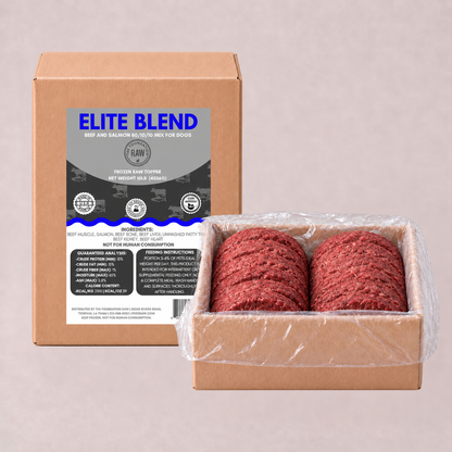 A cardboard box labeled 'ELITE BLEND' stands behind an open box containing two raw beef patty stacks wrapped in clear plastic, on a plain light beige background.