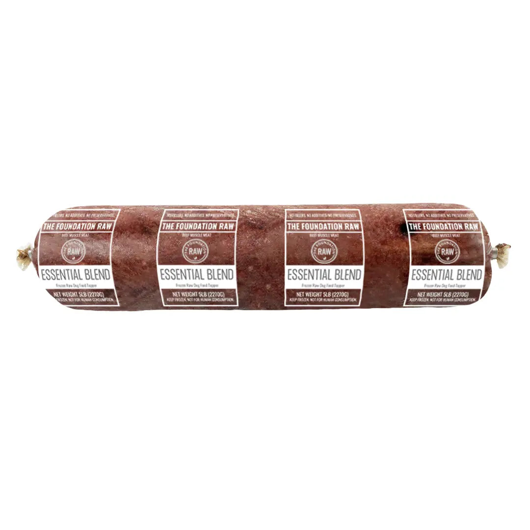 Rolled meat product with 'Essential Blend' labels on a white background