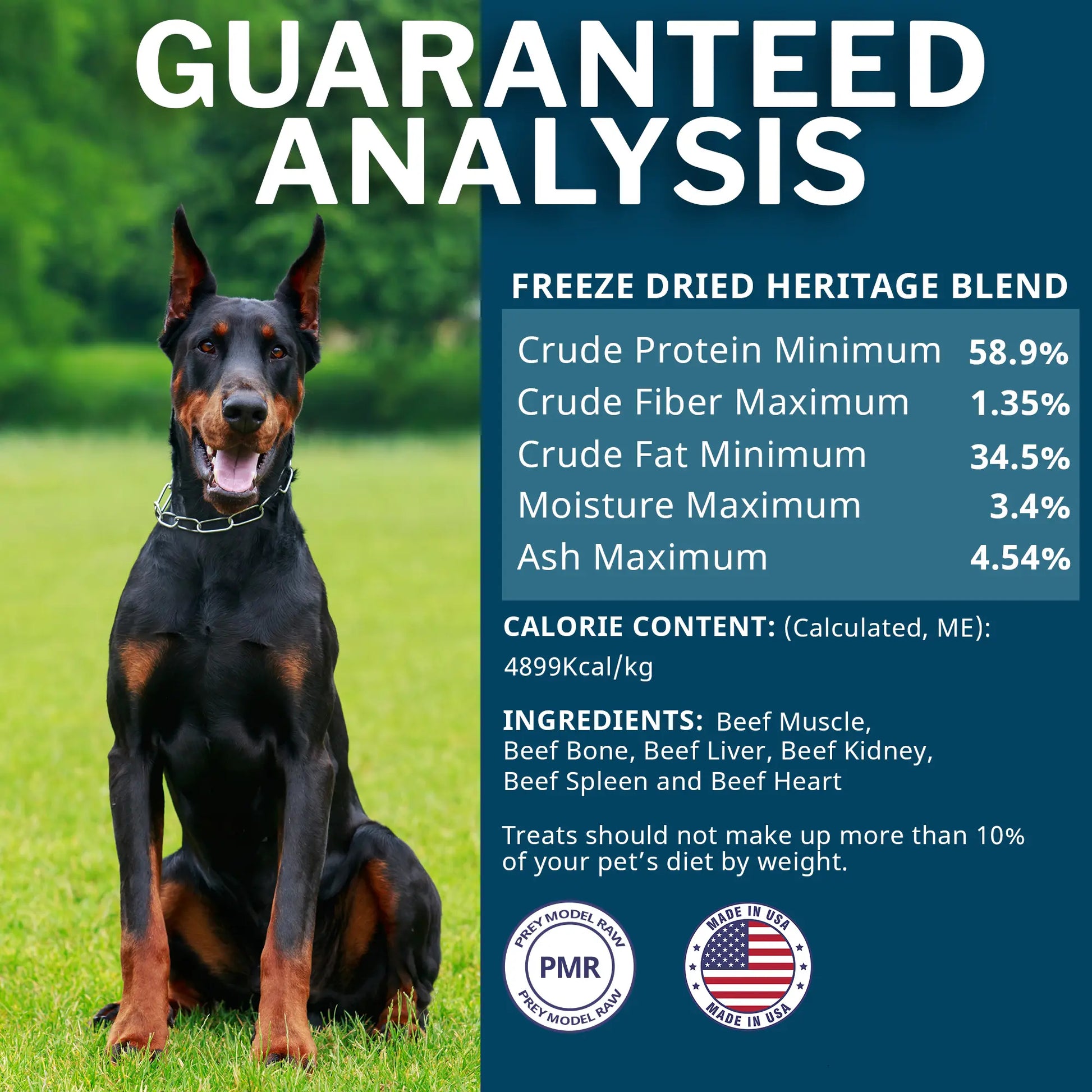 Dog sitting on grass with freeze-dried heritage blend product information on a blue background