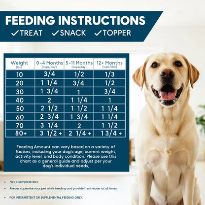 Feeding instructions chart for dogs with a smiling dog on a white background