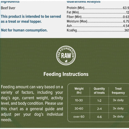 freeze dried beef liver ingredients, guaranteed analysis, and feeding instructions.