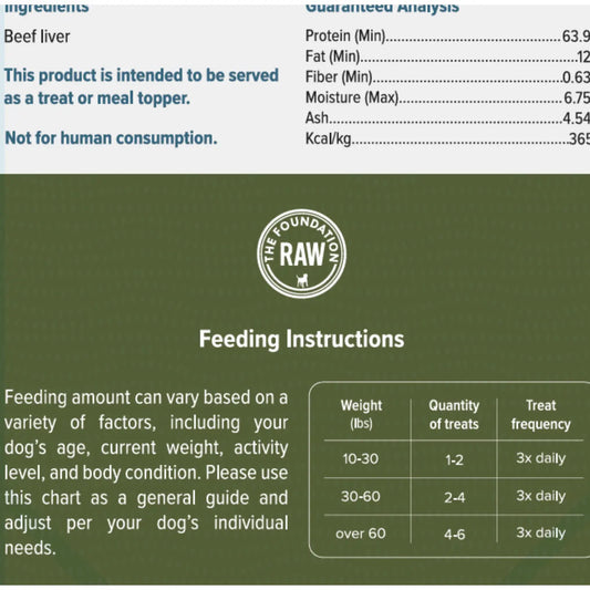 freeze dried beef liver ingredients, guaranteed analysis, and feeding instructions.