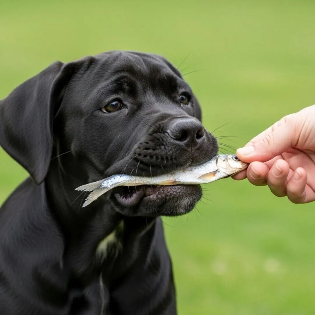 Black dog holding a fish in its mouth with a blurred green background
