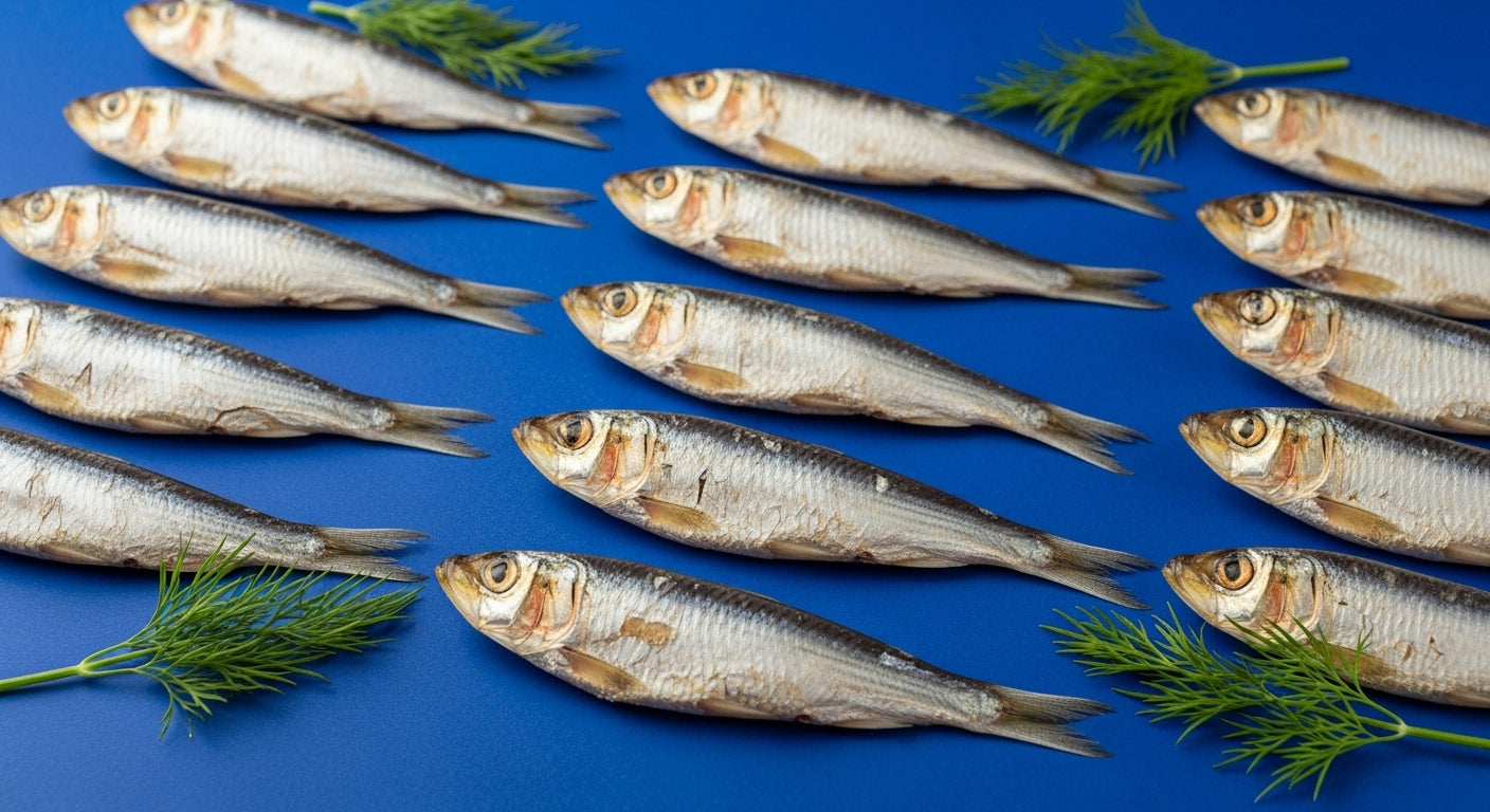 Row of fish on a blue background