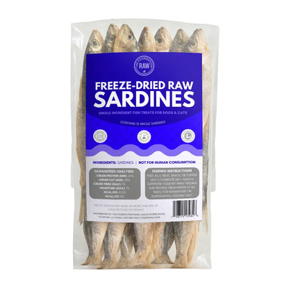 Package of freeze-dried raw sardines with a blue label on a white background