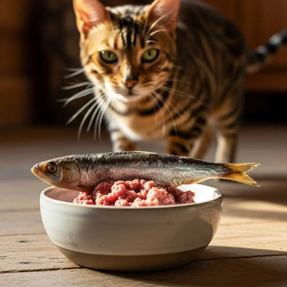 Cat looking at a bowl of food with a fish on a wooden surface