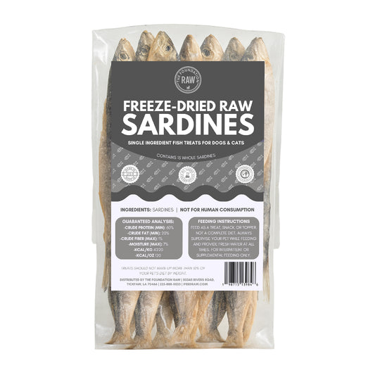 Package of freeze-dried raw sardines for pets on a white background