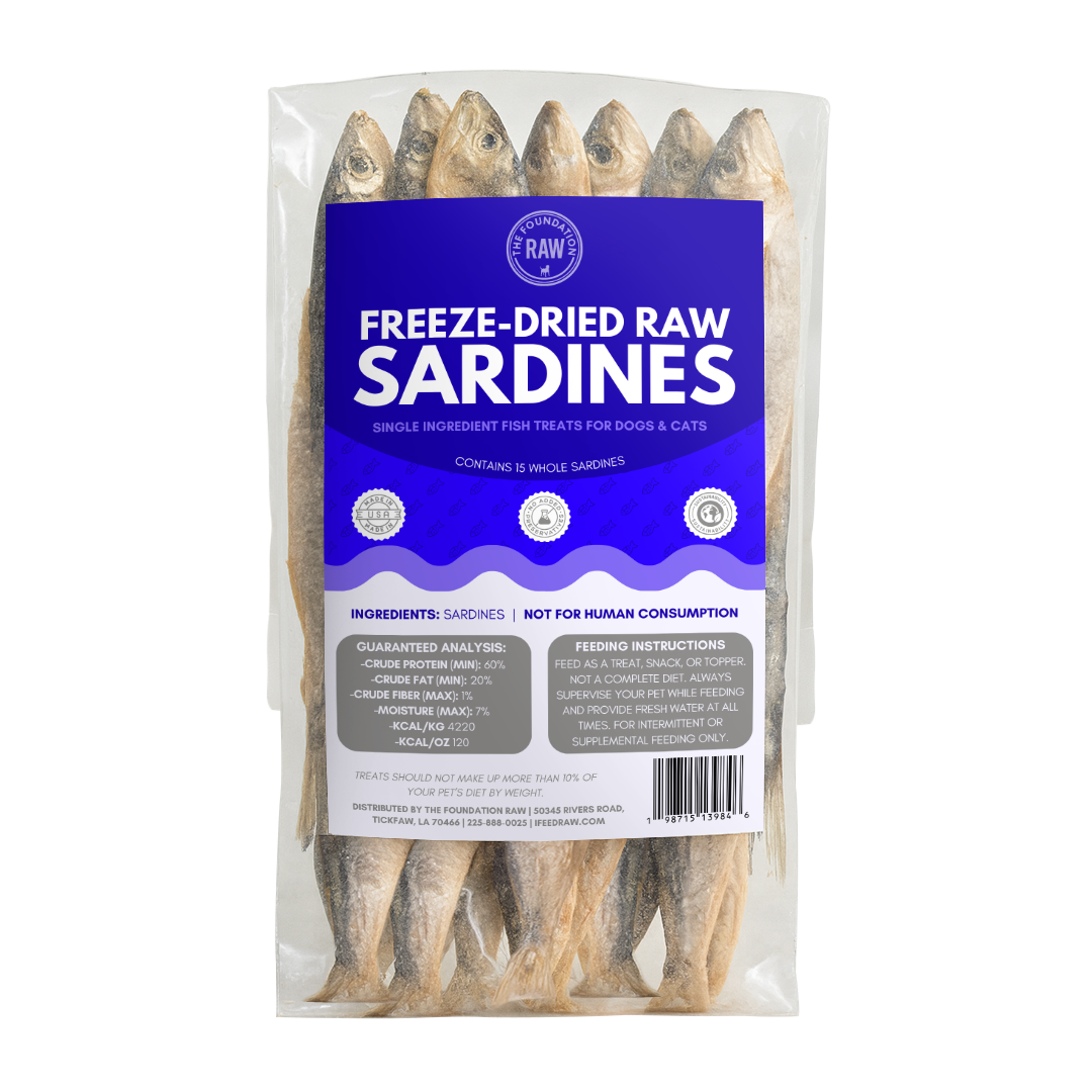 Package of freeze-dried raw sardines with a blue label on a white background