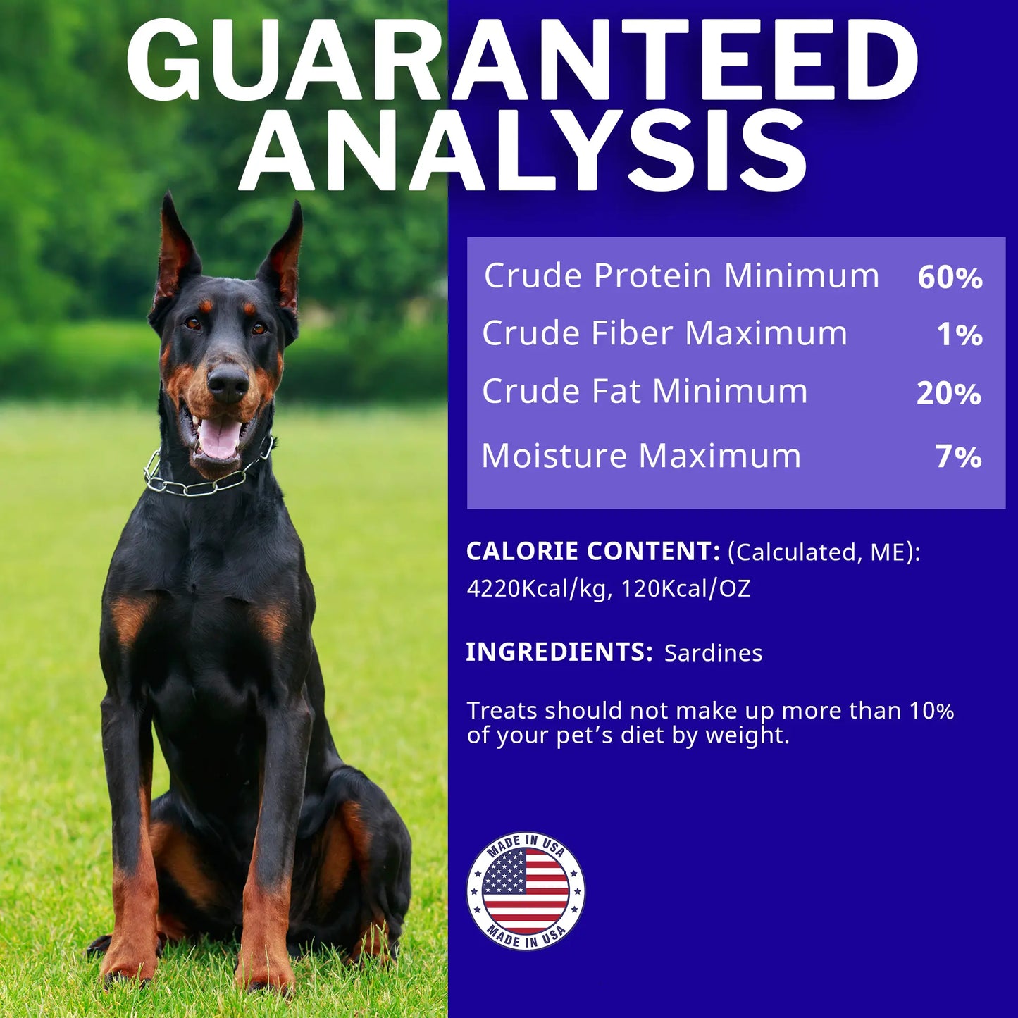 Dog sitting on grass with guaranteed analysis label on a blue background