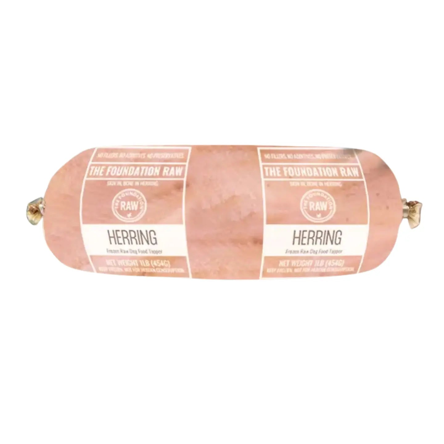 Roll of herring with 'The Foundation Raw' branding on a white background