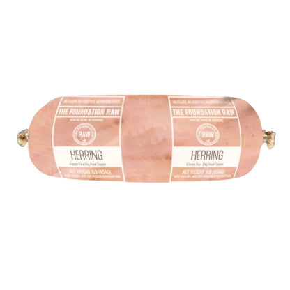 Roll of herring with 'The Foundation Raw' branding on a white background