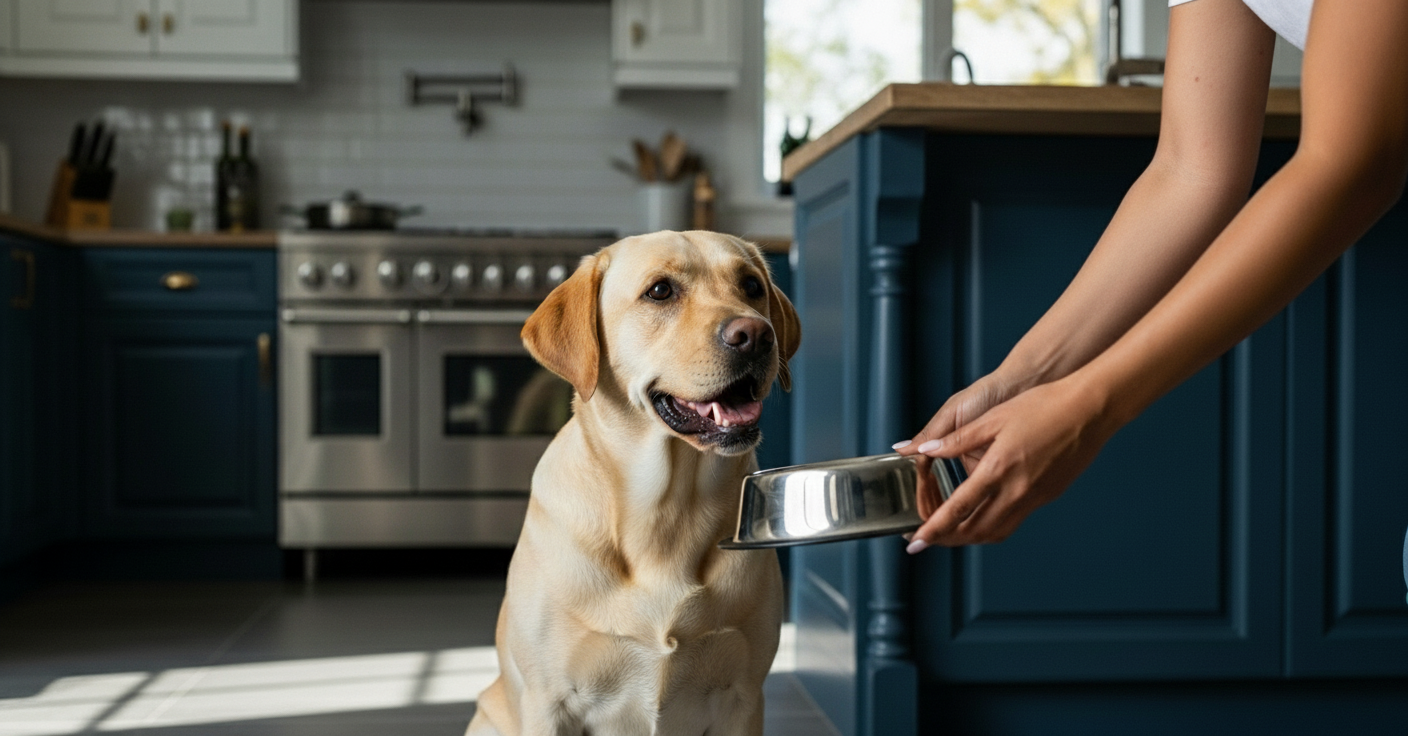 Dog sitting in a kitchen with a person holding a metal bowl