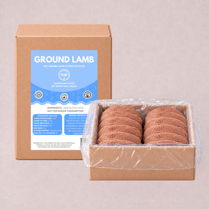 A cardboard box labeled 'GROUND LAMB' stands behind an open box of raw, uncooked ground lamb meat wrapped in clear plastic, on a plain beige background.